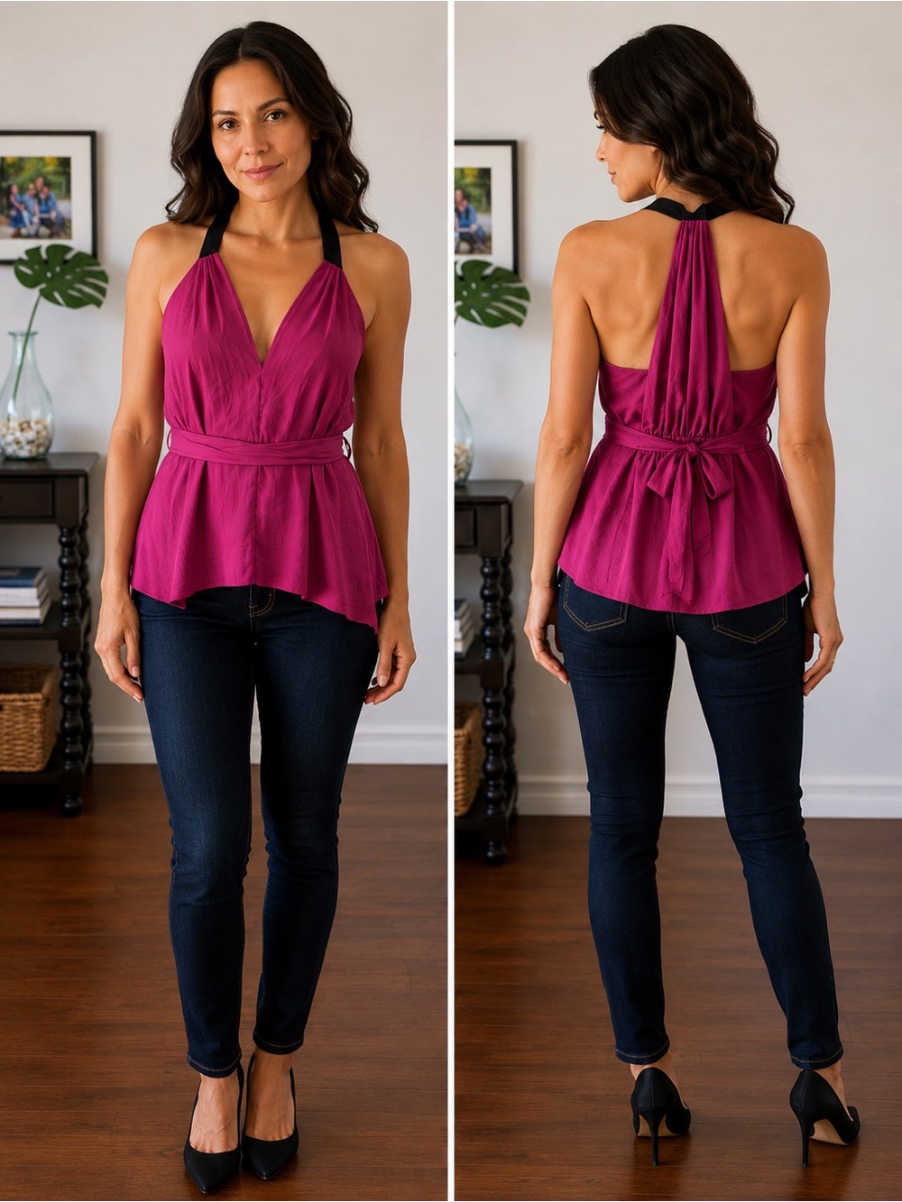 BCBGMAXAZRIA Halter Top in Magenta with Black Straps